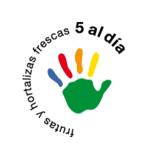 Logotipo circular: mano verde con huellas de colores y texto “Frutas y hortalizas frescas 5 al día”