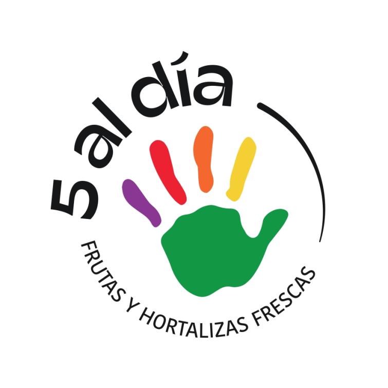Logotipo “5 al día” con huella de mano verde y dedos multicolor